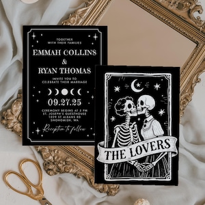 Tarot Card Wedding Invitation, The Lovers Gothic Halloween Black Wedding Invite, Celestial Skeleton, Editable Template, Instant Download