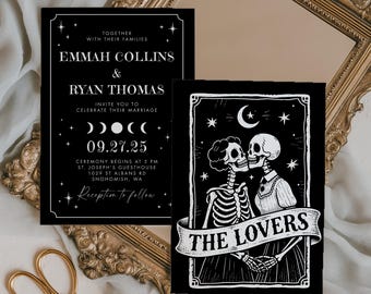 Gothic Tarot Wedding Invitation: The Lovers, Celestial Skeleton (Editable Template, Instant Download)