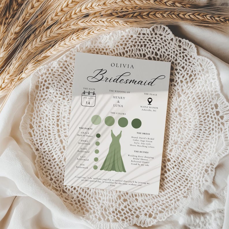 May include: A bridesmaid card featuring a green dress illustration, a colour palette, and details about the wedding party, including the date, wedding of Henry & Luna, the place, Maple Manor, Asheville, NC, and the dress details. The card also includes the duties of the bridesmaid.