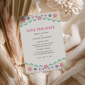 Mexican Save the Date Wedding Invitation Template, Mexico Talavera Wedding, Papel Picado Design, Editable Canva Template, Digital Download