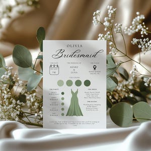 May include: A bridesmaid card featuring a green dress illustration and a calendar with the date 14th July. The card includes the names Henry and Luna, the wedding location Maple Manor, and the text "Olivia Bridesmaid".