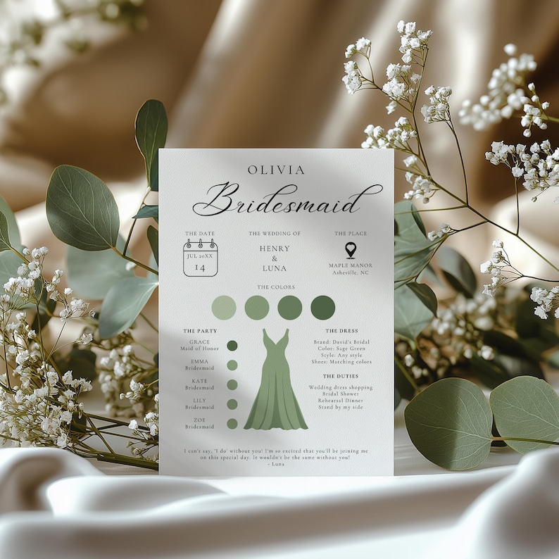 May include: A bridesmaid card featuring a green dress illustration and a calendar with the date 14th July. The card includes the names Henry and Luna, the wedding location Maple Manor, and the text "Olivia Bridesmaid".