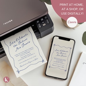 May include: A printable bridal shower invitation with a blue and white colour scheme. The invitation features a wavy border with hearts and the text "Let's Celebrate the Future Mrs. James".