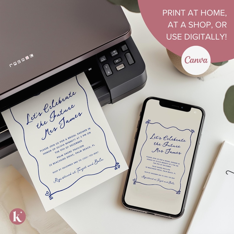 May include: A printable bridal shower invitation with a blue and white colour scheme. The invitation features a wavy border with hearts and the text "Let's Celebrate the Future Mrs. James".