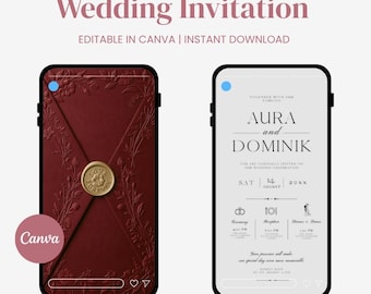 May include: Two smartphones displaying a digital wedding invitation template. The left screen shows a dark red envelope with a gold wax seal. The right screen shows a white invitation card with the text Aura and Dominik, date, and event details.