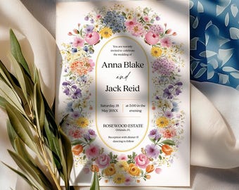 May include: A wedding invitation featuring a floral design. The invitation includes the names "Anna Blake and Jack Reid" within a gold oval frame, surrounded by a colorful flower wreath. The text also includes the date, time, and location of the wedding.
