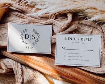 Black & White Wedding RSVP Card Template: Monogram Printable, Editable Canva Design