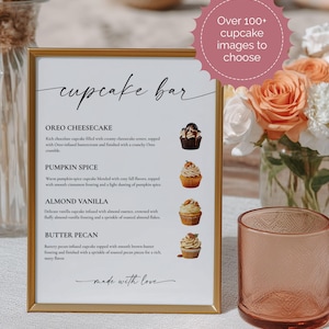 Peut inclure: Un panneau doré pour un bar à cupcakes, affichant un menu avec quatre saveurs de cupcakes : Oreo Cheesecake, Pumpkin Spice, Almond Vanilla et Butter Pecan. Le panneau comprend le texte "Over 100+ cupcake images to choose."