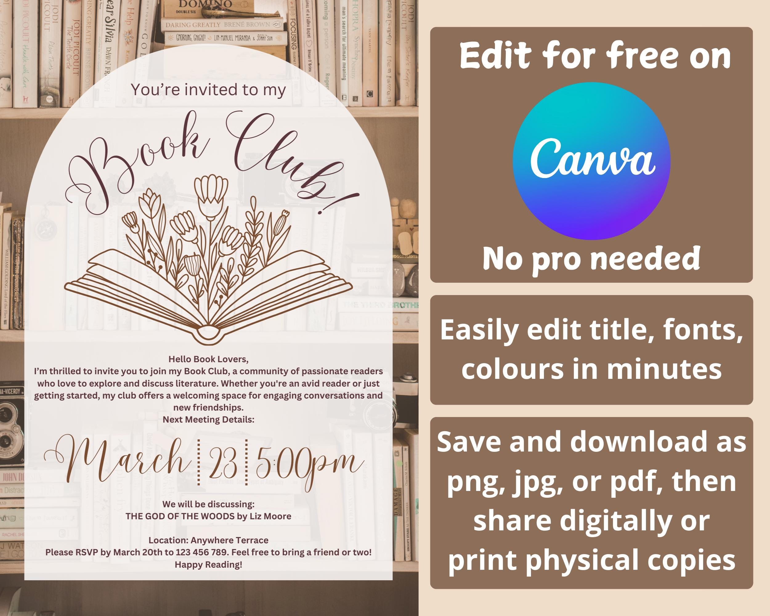 Editable Vintage Book Club Invitation Template (digital Download) - Etsy