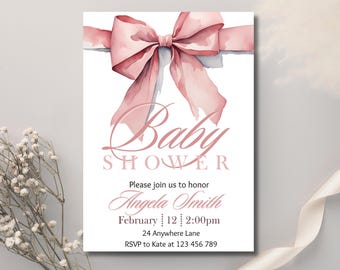 Pink Bow Baby Shower Invitation, Elegant Blush Template (Editable Canva)