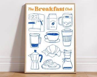 Lámina del Club del Desayuno, Bocetos de Comida Dibujados a Mano, Arte de Pared para la Cocina (Descarga Digital)