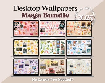 Mega paquete de fondos de pantalla editables para escritorio 2025, 9 fondos de pantalla coloridos para computadora, fondo estético para Mac y Windows, plantilla Canva para escritorio
