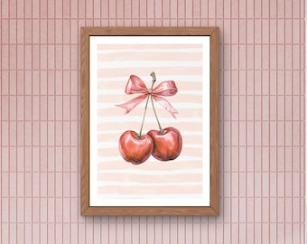 Lámina de cerezas en acuarela, lazo rosa, decoración de habitación coqueta (descarga digital)