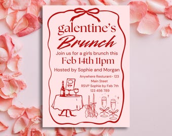 Galentine's Brunch Invitation, Pink Red Girls Night (Editable Canva Template)