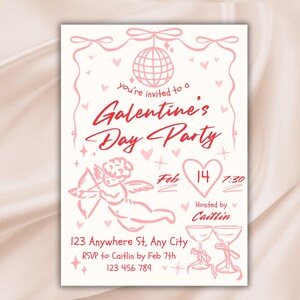 Editable Galentines Invite Template, Galentines Day Party, Valentines Day Invite, Cupid Design, Pink Doodle, Coquette Theme, Hand Drawn