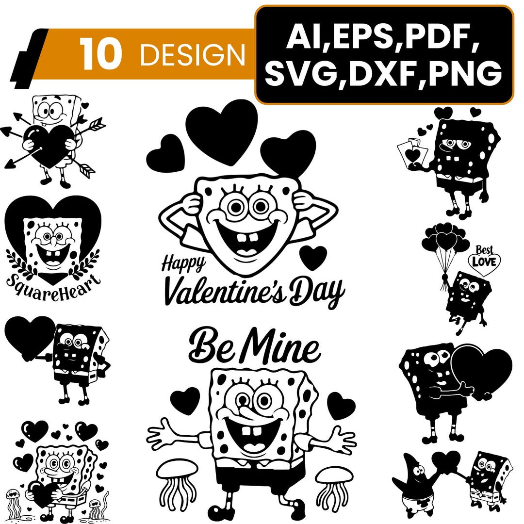 Valentimes Sponge Sponge Love Valentine SVG Bundle, Cute Square Character Clipart, Kawaii ...