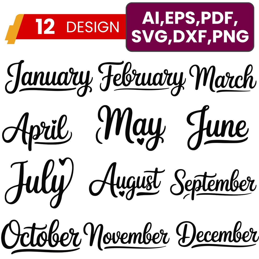 12 Months of the Year Svg Bundle, Cricut Files, Png, Digital Download ...