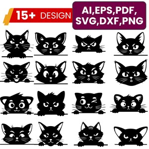 Angry Peeking Cat Clipart: Kitten Silhouette Cut Files (SVG, PNG, EPS)