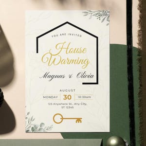 Invitación digital para fiesta de inauguración de la casa, nuevo apartamento dorado en casa, plantilla de tarjeta electrónica autoeditable, tarjeta de inauguración de la casa, regalos de inauguración de la casa