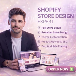 Könnte beinhalten: Werbebild für Shopify-Shop-Design-Dienstleistungen. Ein Mann im Anzug wird mit einem Laptop, Tablet und Telefon gezeigt, die Website-Designs anzeigen. Der Text enthält "Shopify Store Design Expert" und Servicedetails wie "Full Store Setup" und "Product Upload & SEO."