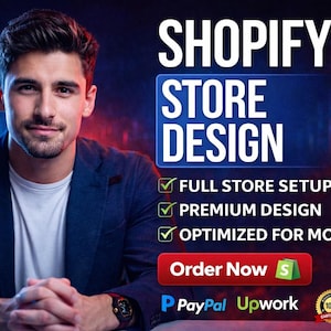 Könnte beinhalten: Werbebild mit dem Text "SHOPIFY STORE DESIGN" in Weiß auf blauem Hintergrund. Das Bild zeigt einen Mann in einem blauen Blazer und einem weißen Hemd. Zusätzlicher Text lautet "FULL STORE SETUP", "PREMIUM DESIGN" und "OPTIMIZED FOR MOBILE".