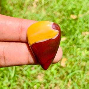 Puede incluir: Una piedra pulida en forma de lágrima con un degradado de color. La parte superior es amarilla, pasando a una banda blanca y luego a un granate profundo en la parte inferior. La piedra se sostiene en una mano sobre un fondo verde borroso.