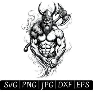 Guerrier viking SVG | Chasseur nordique des cliparts noir et blanc | Conception de tatouage viking | Dessin au trait de la hache de guerre | Illustration de la mythologie nordique