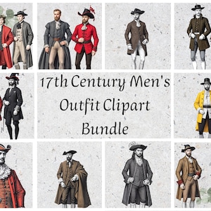 17th Century Men&#39;s Fashion Clipart Bundle | Vintage Historical PNGs | Colonial Outfit Illustrations | Digital Download
