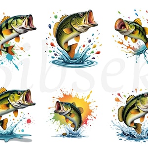 Paquete de imágenes prediseñadas de lubina saltando / 7 archivos PNG y 7 JPG / Arte de pesca de lubina de boca chica de alta calidad / Conjunto de imágenes prediseñadas de lubina imprimible