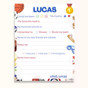 Sportliches Camp-Briefpapier - Kinder zum Ausfüllen personalisiertes Lager-Briefpapier - Benutzerdefiniertes Kinderlager-Briefpapier