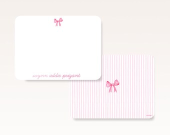 Little Girl Stationery – Custom Notecards – Personalized Gift - Pink Bow And Stripes