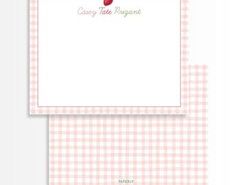 Baby girl Stationery – Personalized Baby Gift -  Custom Notecards - Gingham Strawberry Stationery