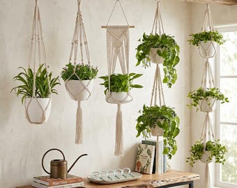 Macrame Plant Hanger Set (5 Sizes) | Handmade Cotton Rope Hanging Planter | Boho Nordic Flower Pot Holder | Indoor Hanging Basket Decor