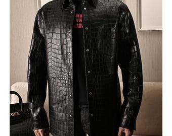 Black Crocodile Embossed Leather Biker Jacket: Cowhide Motorcycle Coat
