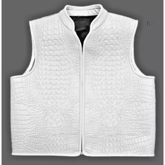 Mens White Genuine leather Crocodile Embossed Leather Motorcycle vest, Concealed Carry Biker Vest , Leather vest personalized  Gift for him