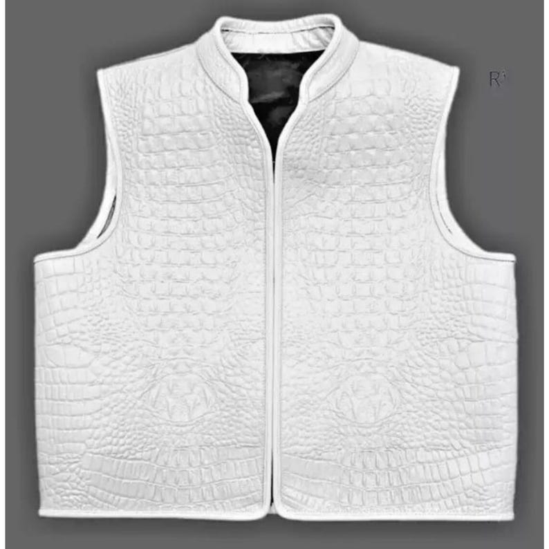 "Front view of premium white crocodile leather vest for men, featuring luxury exotic skin pattern, minimalist collar design, and tailored fit. High-quality sleeveless outerwear perfect for luxury streetwear, upscale fashion statement, or formal designer styling.