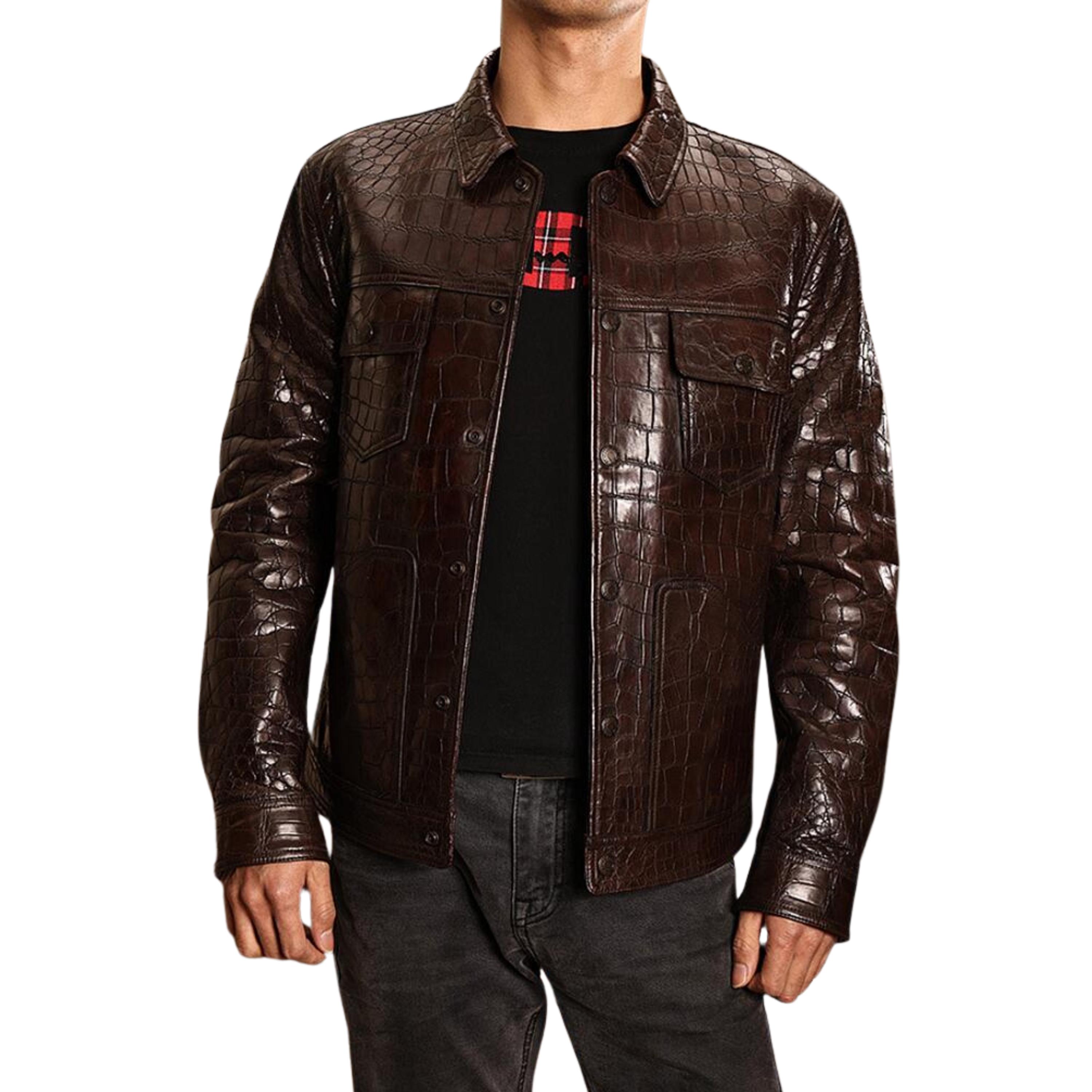 Mens Crocodile Embossed Brown Leather Jacket: Luxury Biker Style