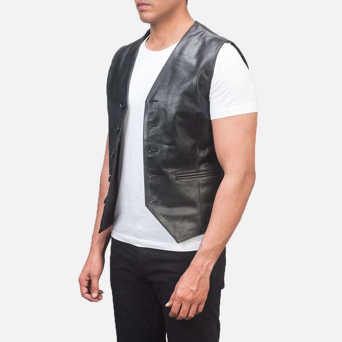 MEN’S MOTORCYCLE BIKER BLACK VEST GENUINE COWHIDE LEATHER