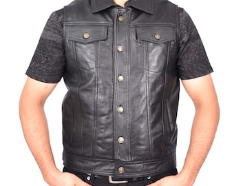 Men's Custom fit Black Cowhide Leather Trucker Vest | Moto Club Biker Waistcoat | Motorcycle Riding Gear | Handmade Snap Button Vest