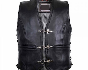 Men's Black Cowhide Leather Biker Vest: Motorcycle Club Style
