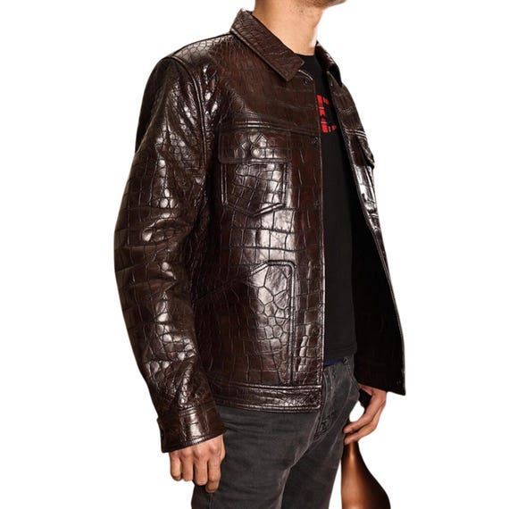 Mens Crocodile Embossed Brown Leather Jacket: Luxury Biker Style
