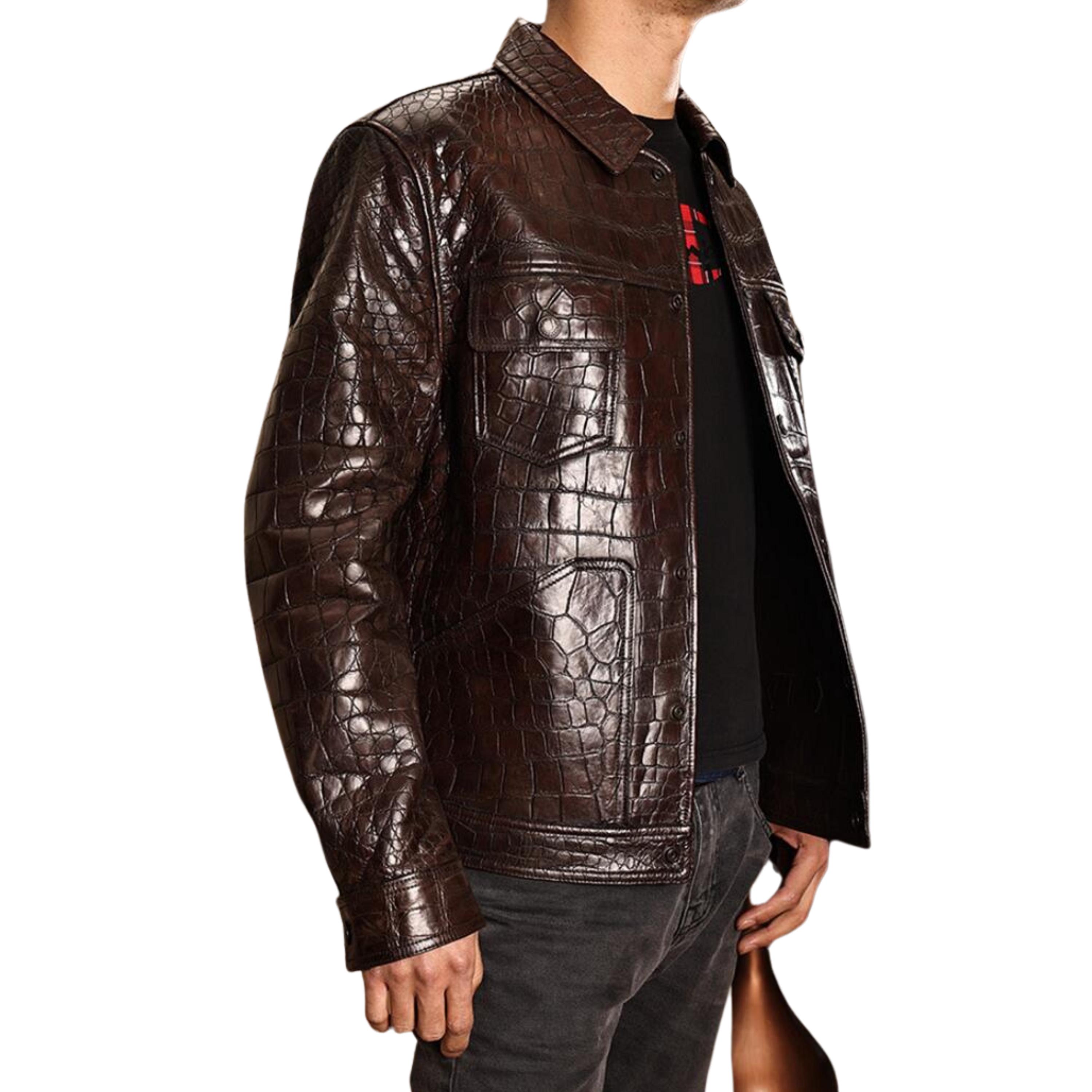 Mens Crocodile Embossed Brown Leather Jacket: Luxury Biker Style