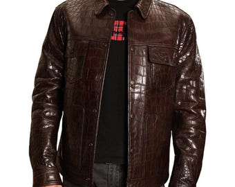 Mens Crocodile Embossed Brown Leather Jacket: Luxury Biker Style
