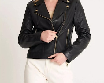 Women's Black Cowhide Leather Biker Jacket: Gold Plated Zip