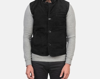 Men's Black Suede Leather Vest: Western Cowboy Style