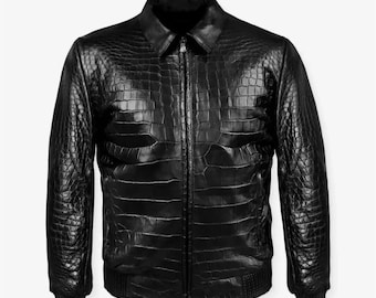 Men’s Black Crocodile Embossed Leather Biker Jacket–Genuine Cowhide Motorcycle Fashion Outerwear