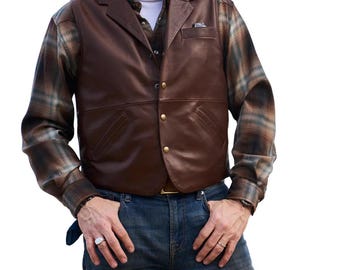 Chaleco de piel de vaca marrón para hombre: estilo vaquero clásico del oeste