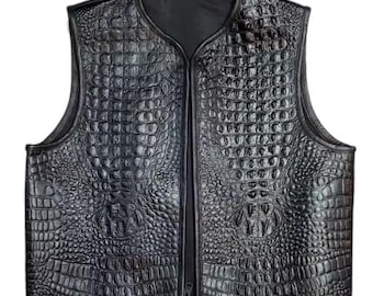 Men's Black Crocodile Embossed Leather Motorcycle Vest: Concealed Carry Biker Waistcoat