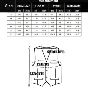 May include: Diagram of a vest with measurement labels for shoulder, chest, and length. A size chart displays measurements in inches and centimeters for sizes S to 3XL. The chart includes shoulder, chest, waist, and front length measurements.