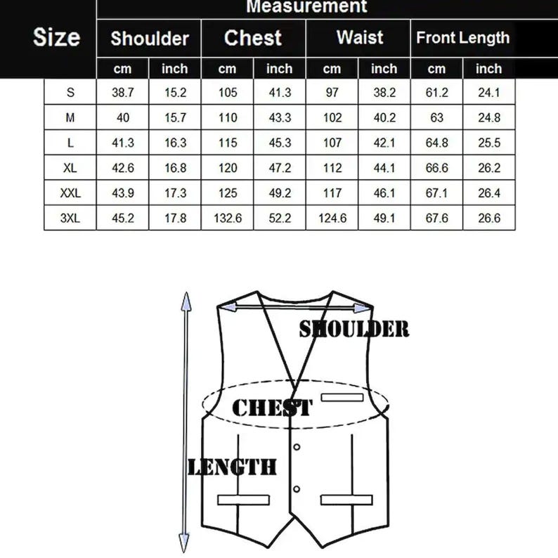 May include: Diagram of a vest with measurement labels for shoulder, chest, and length. A size chart displays measurements in inches and centimeters for sizes S to 3XL. The chart includes shoulder, chest, waist, and front length measurements.